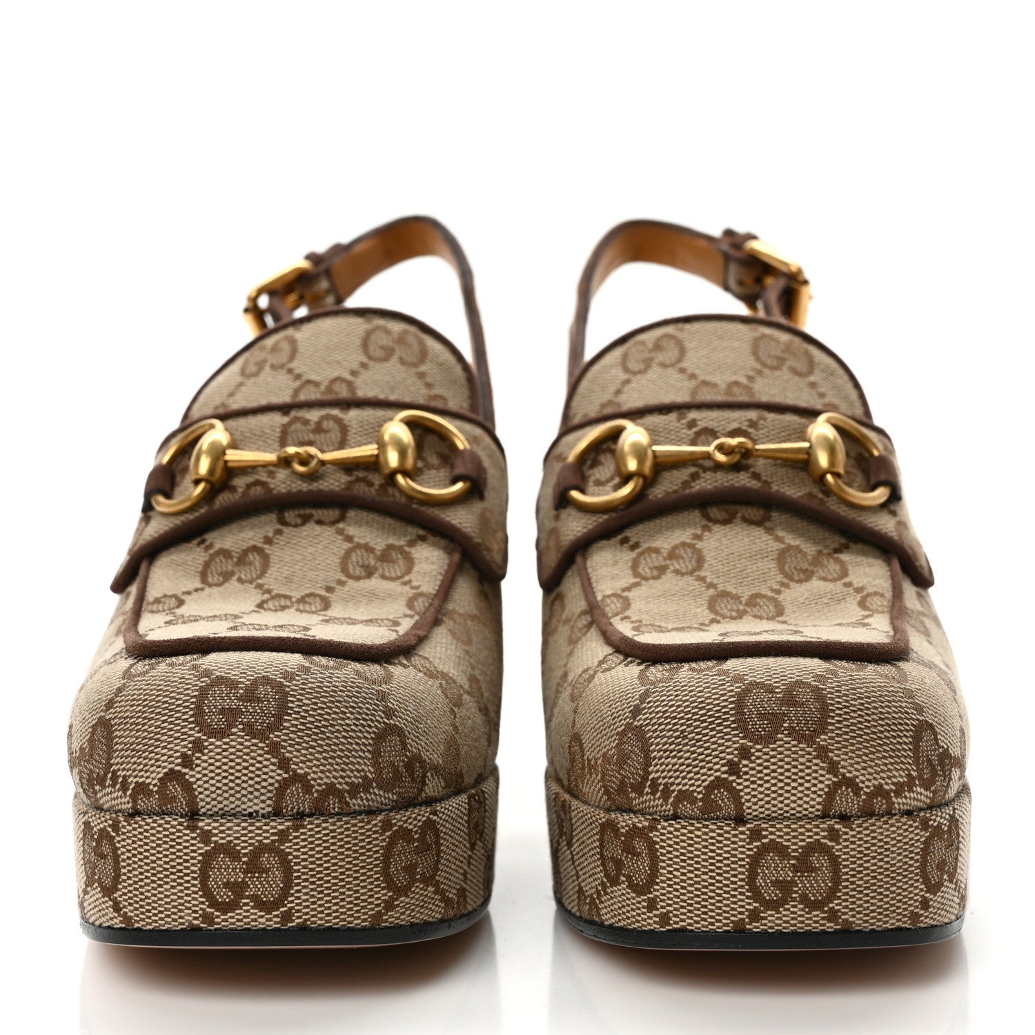 Gucci Monogram Kid Scamosciato Horsebit Platform 25/85mm Slingback Mules 40 Beige Ebony New Acero 2 of 9