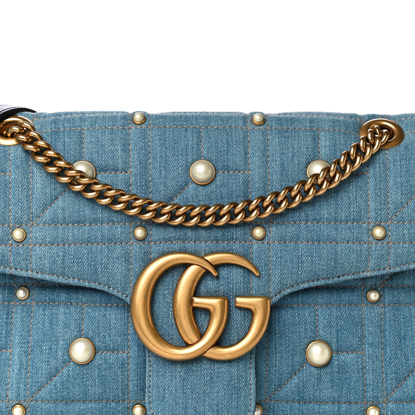 Kura Denim Matelasse Cubic Pearl Studded Medium GG Marmont Shoulder Bag Blue