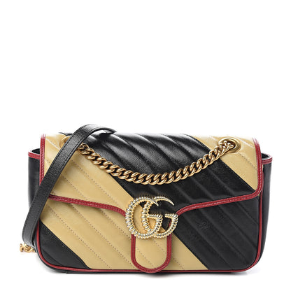 Gucci Vintage Effect Calfskin Matelasse Diagonal Striped Small Torchon GG Marmont Shoulder Bag Black Beige 1 of 9