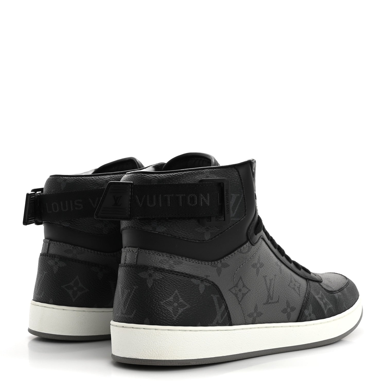 Louis Vuitton Calfskin Monogram Eclipse Mens Rivoli High Top Sneakers 9 Black Grey 5 of 10