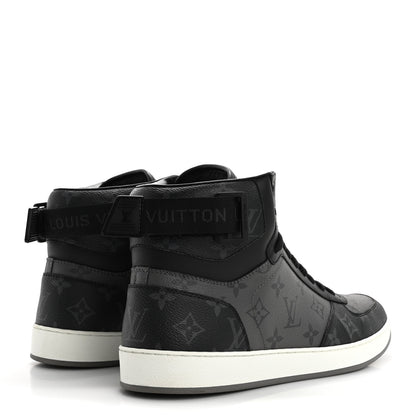 Louis Vuitton Calfskin Monogram Eclipse Mens Rivoli High Top Sneakers 9 Black Grey 5 of 10