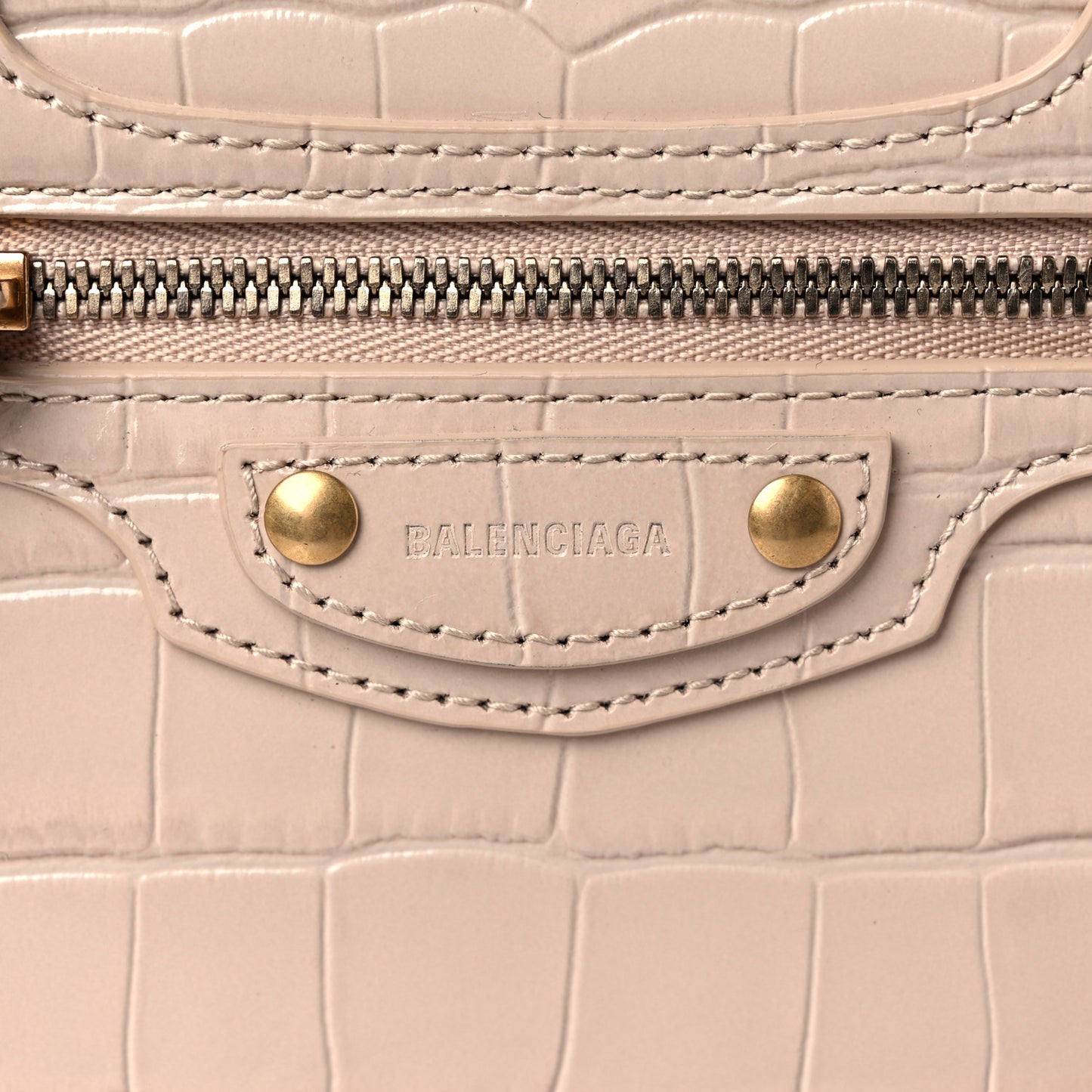 Shiny Supple Calfskin Crocodile Embossed Neo Classic Gold Hardware Mini City Light Beige