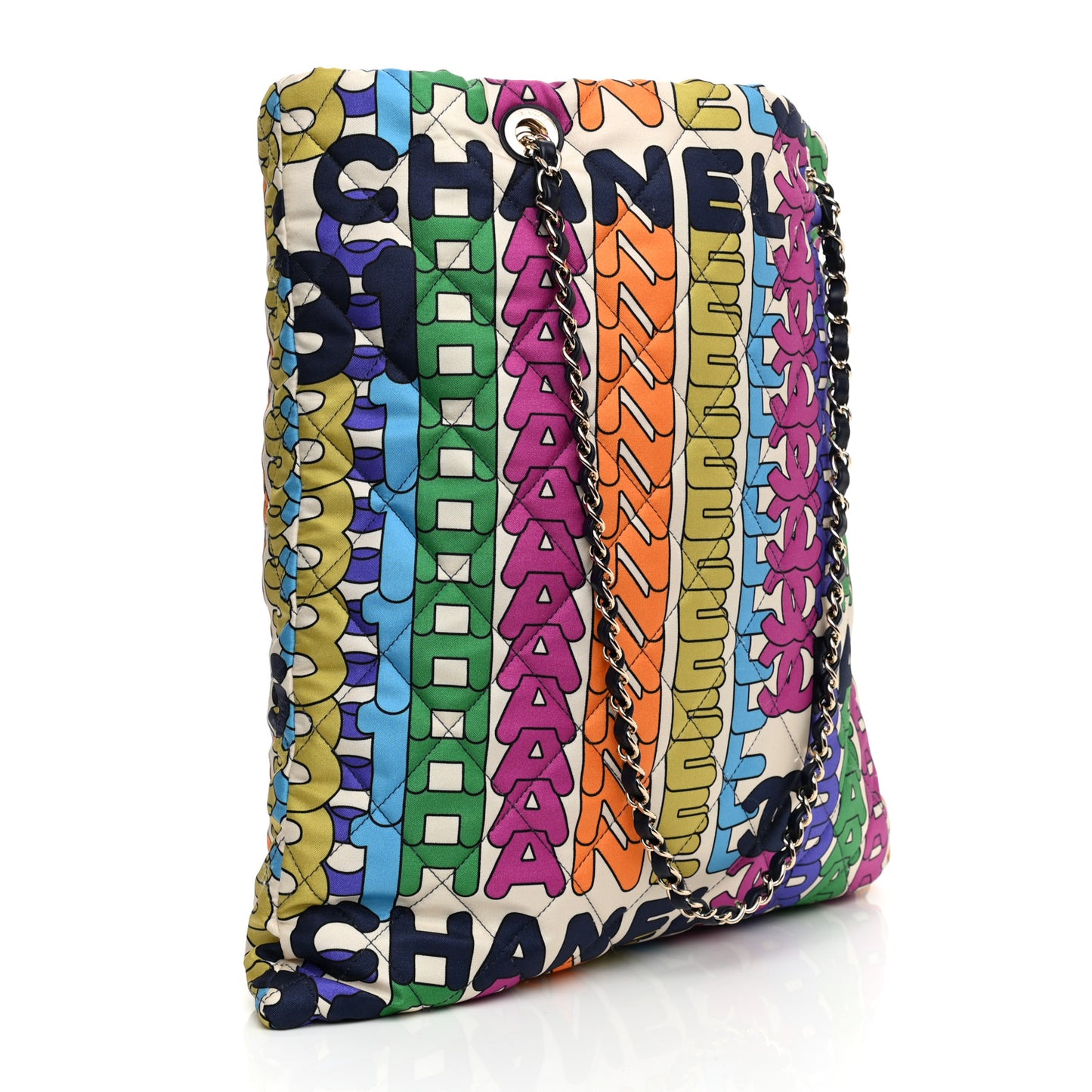 Printed Fabric Quilted Logo Large Shopping Tote Multicolor