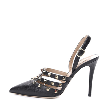 Valentino Garavani Pebbled Calfskin Rockstud Cage Slingback Pumps 36 Black 1 of 13