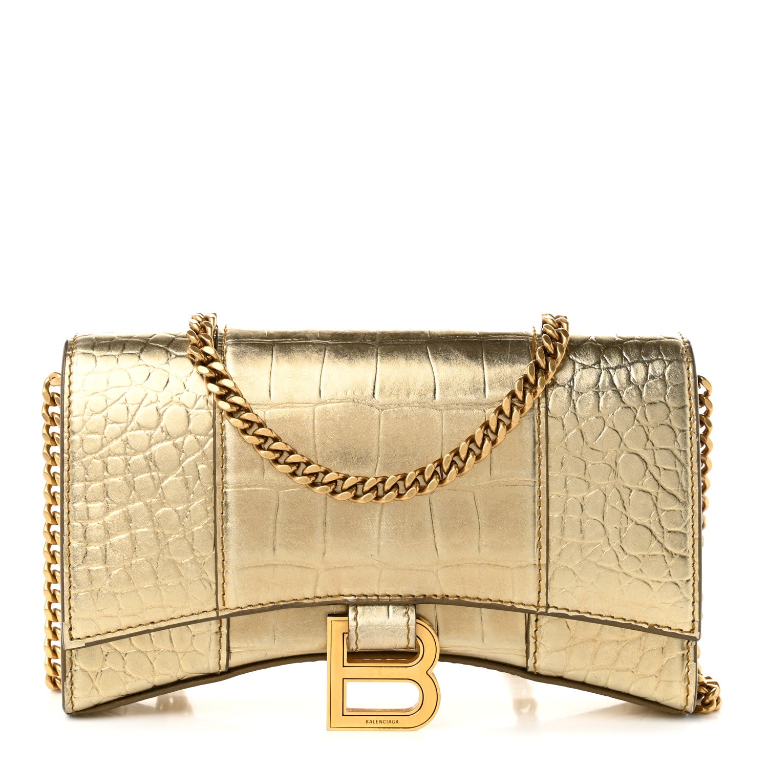 Balenciaga Metallic Calfskin Crocodile Embossed Hourglass Chain Bag Gold 1 of 10