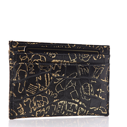 Chanel Calfskin Crocodile Embossed Graffiti 2.55 Cocodile Reissue Card Holder Black Gold 3 of 8