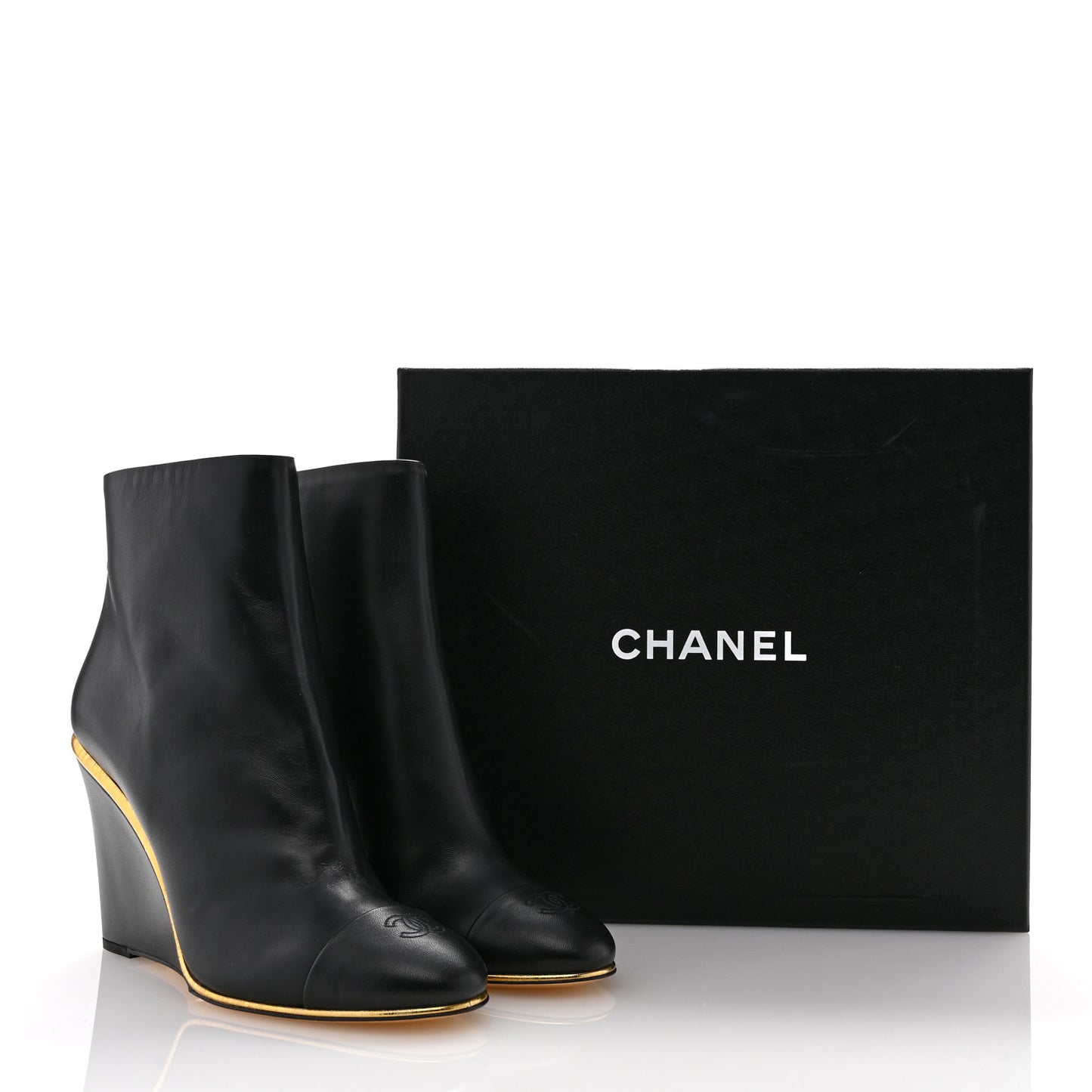 Lambskin Cap Toe Wedge Ankle Boots 42 Black