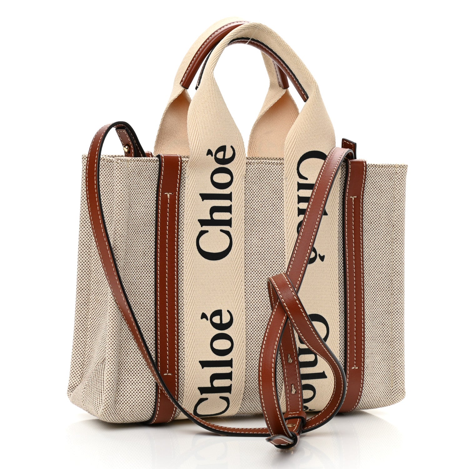 Chloe Cotton Calfskin Small Woody Ribbon Tote With Strap White Brown 3 of 10
