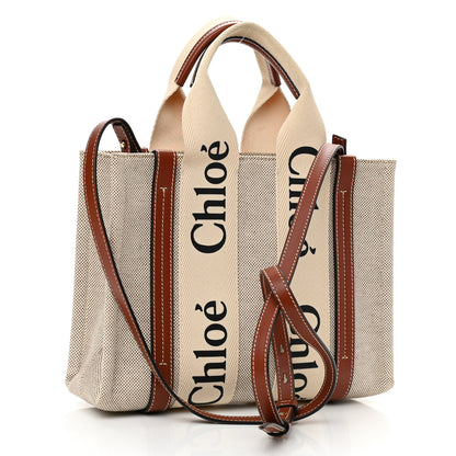 Chloe Cotton Calfskin Small Woody Ribbon Tote With Strap White Brown 3 of 10