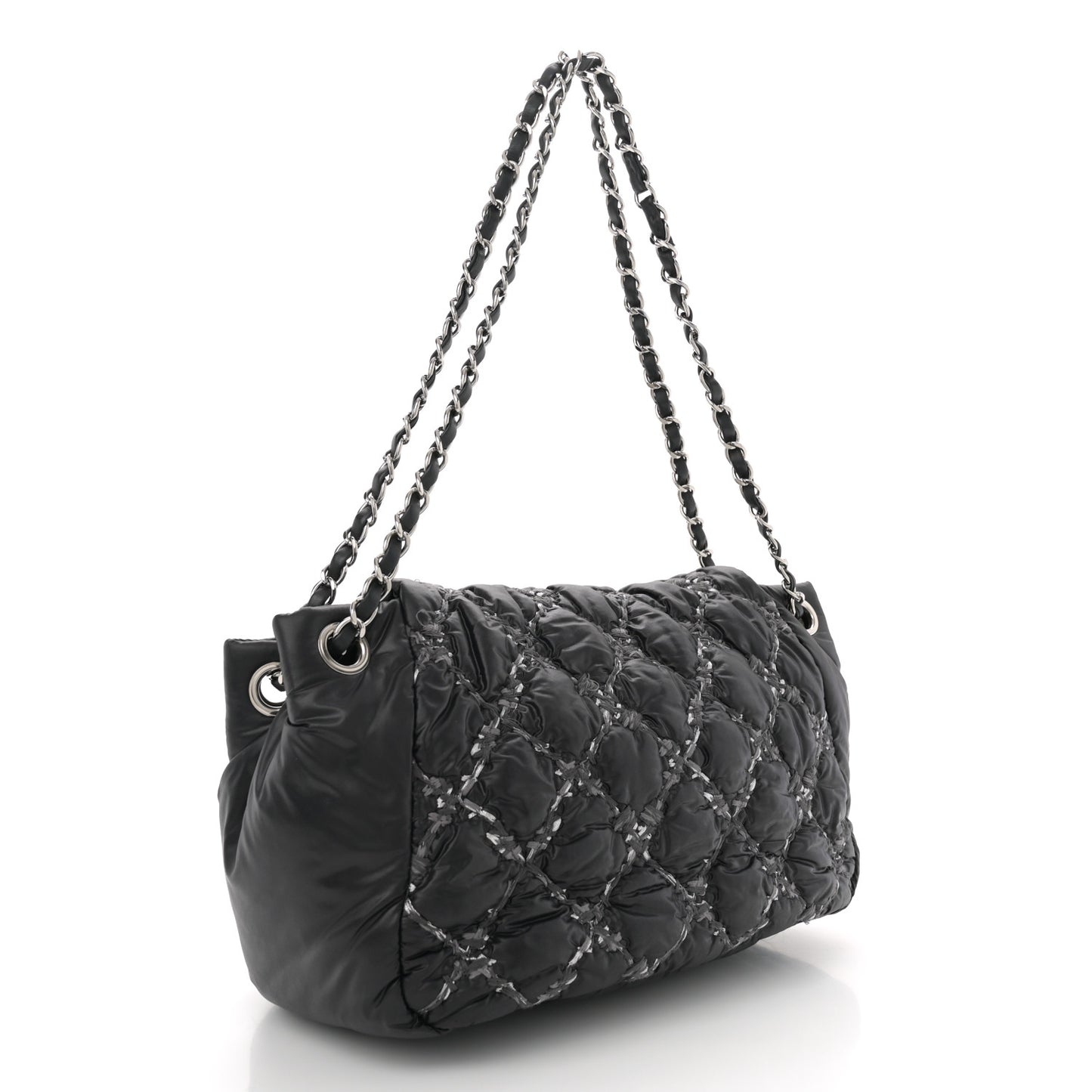 Nylon Quilted Tweed Stitch Bubble Accordion Flap Black