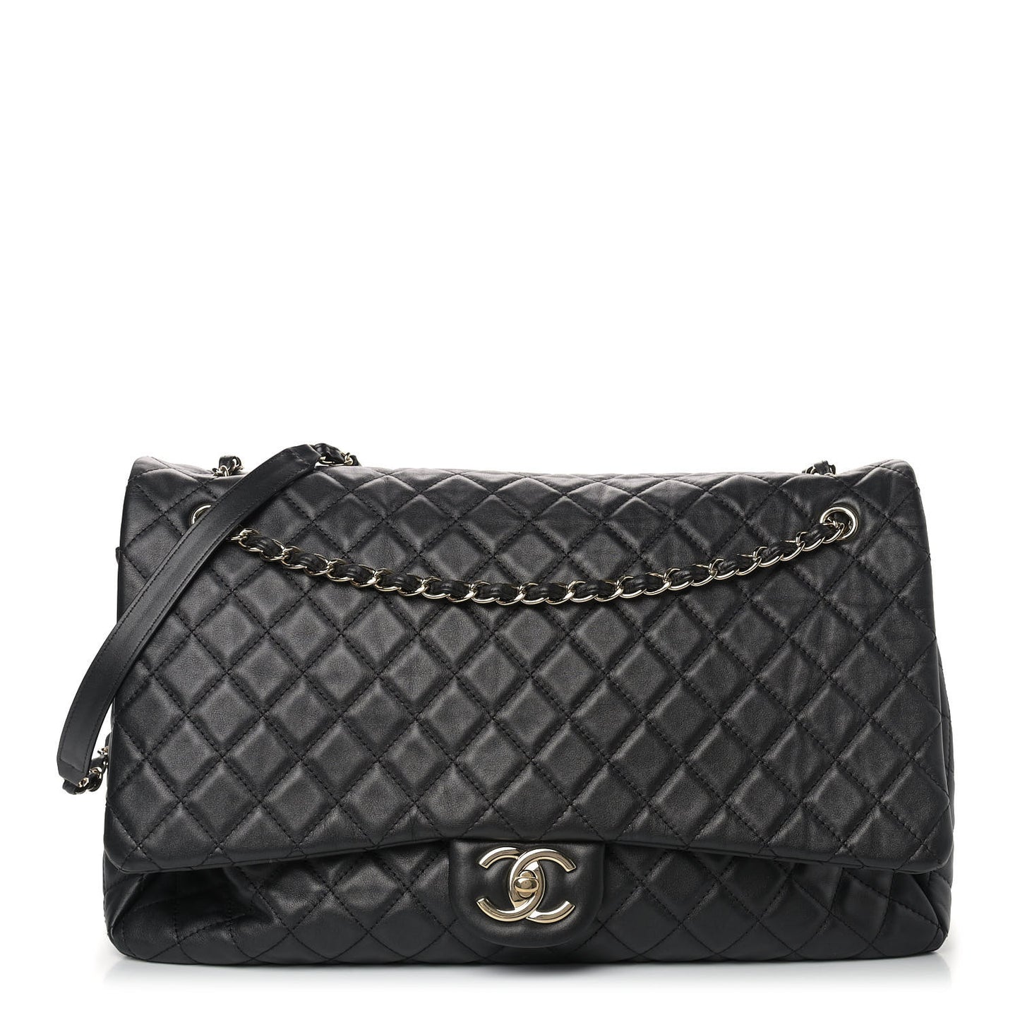 Calfskin Quilted XXL Travel Flap Bag Black