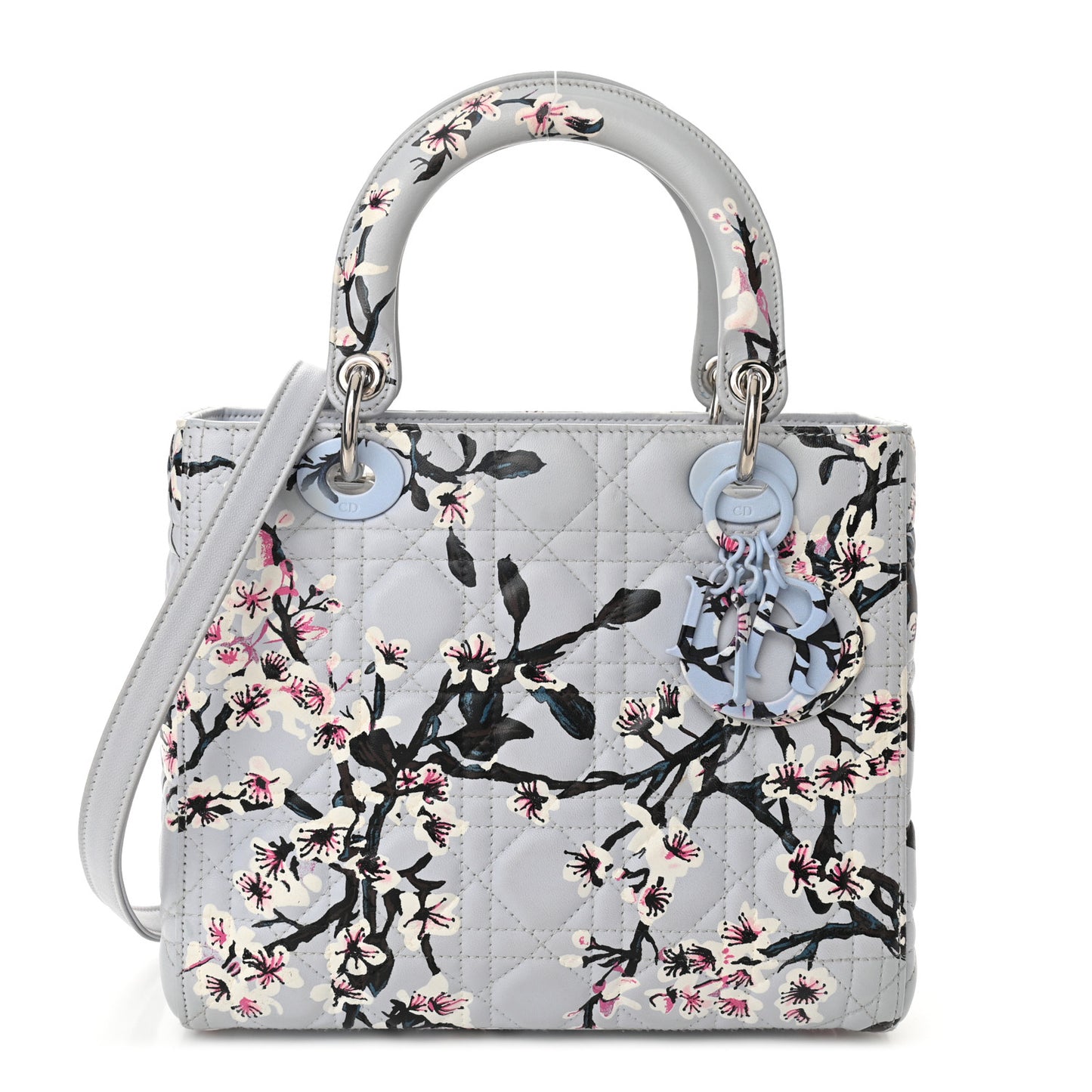 Lambskin Cannage Floral Printed Medium Lady Dior Light Blue