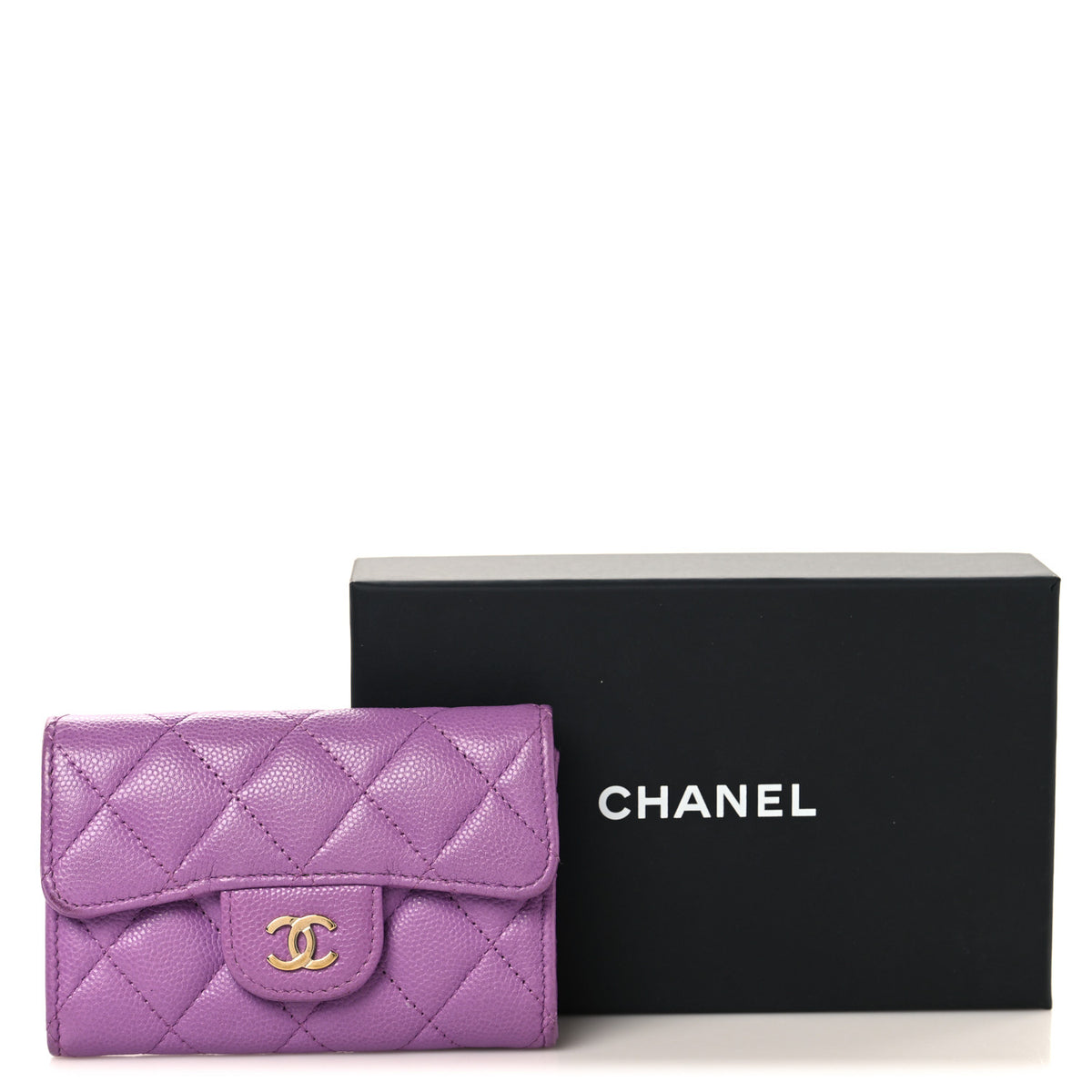 Caviar Quilted Flap Card Holder Wallet Purple