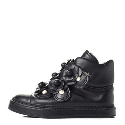 Chanel Lambskin Camellia High Top Sneakers 36 Navy 1 of 4