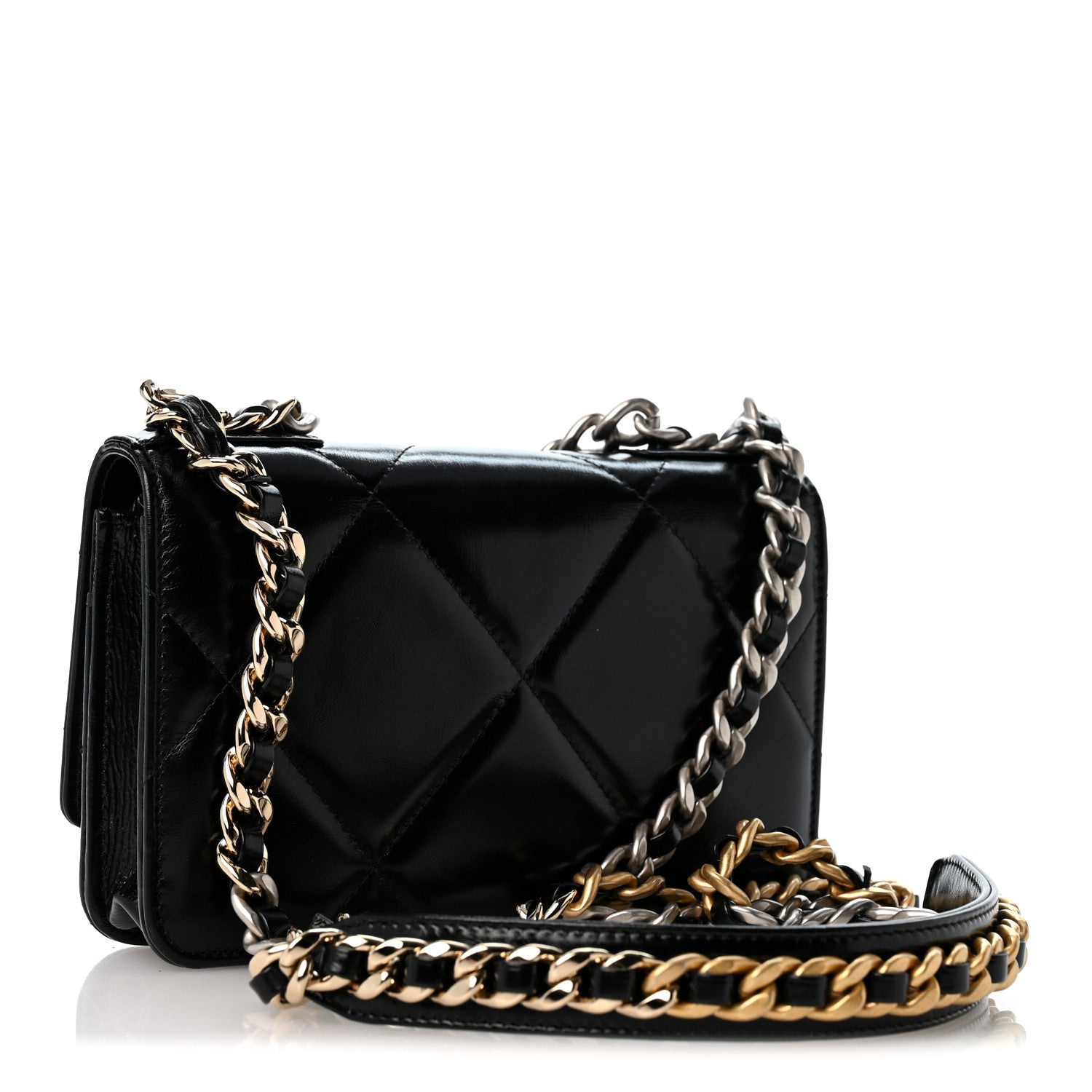 Chanel Shiny Crumpled Calfskin Quilted Chanel 19 Wallet On Chain WOC Black 3 of 13