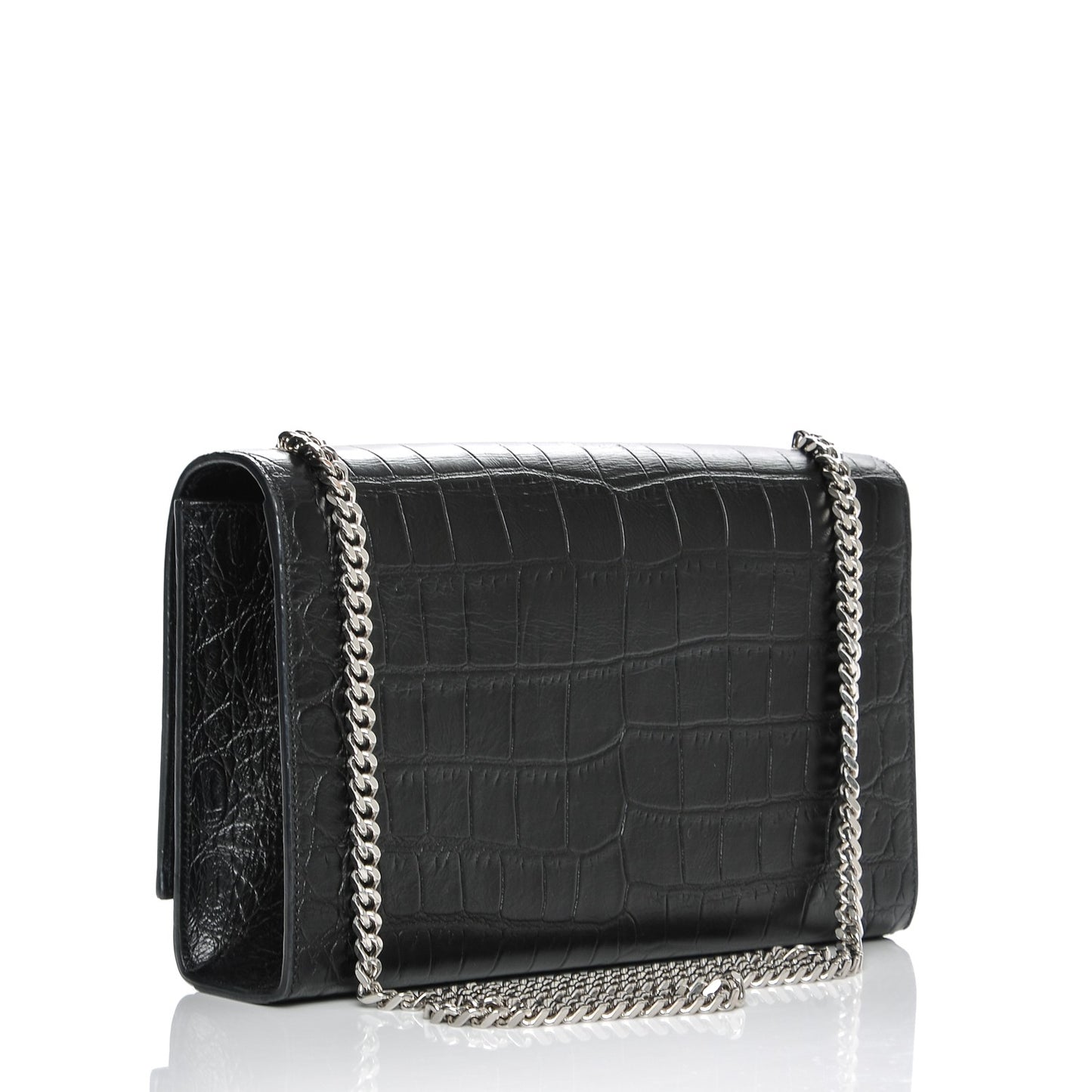 Calfskin Crocodile Embossed Medium Classic Monogram Kate Tassel Satchel Black