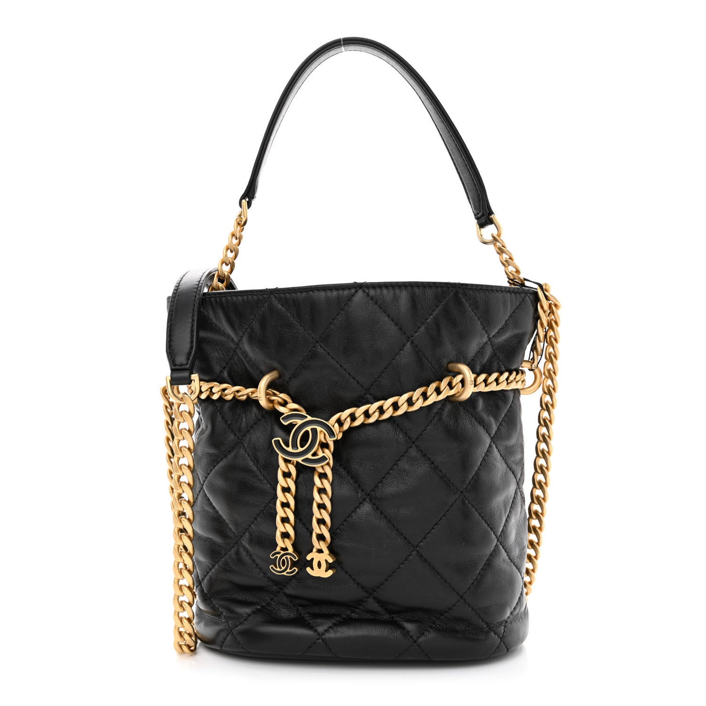 Lambskin Enamel Quilted Pending CC Bucket Drawstring Bag Black