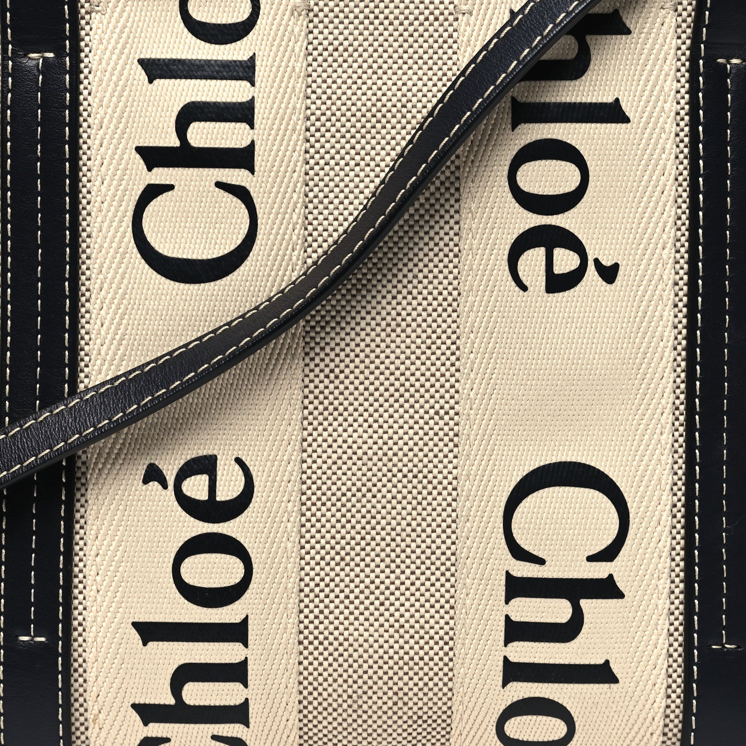 Chloe Cotton Calfskin Small Woody Ribbon Tote With Strap White Navy 8 of 10