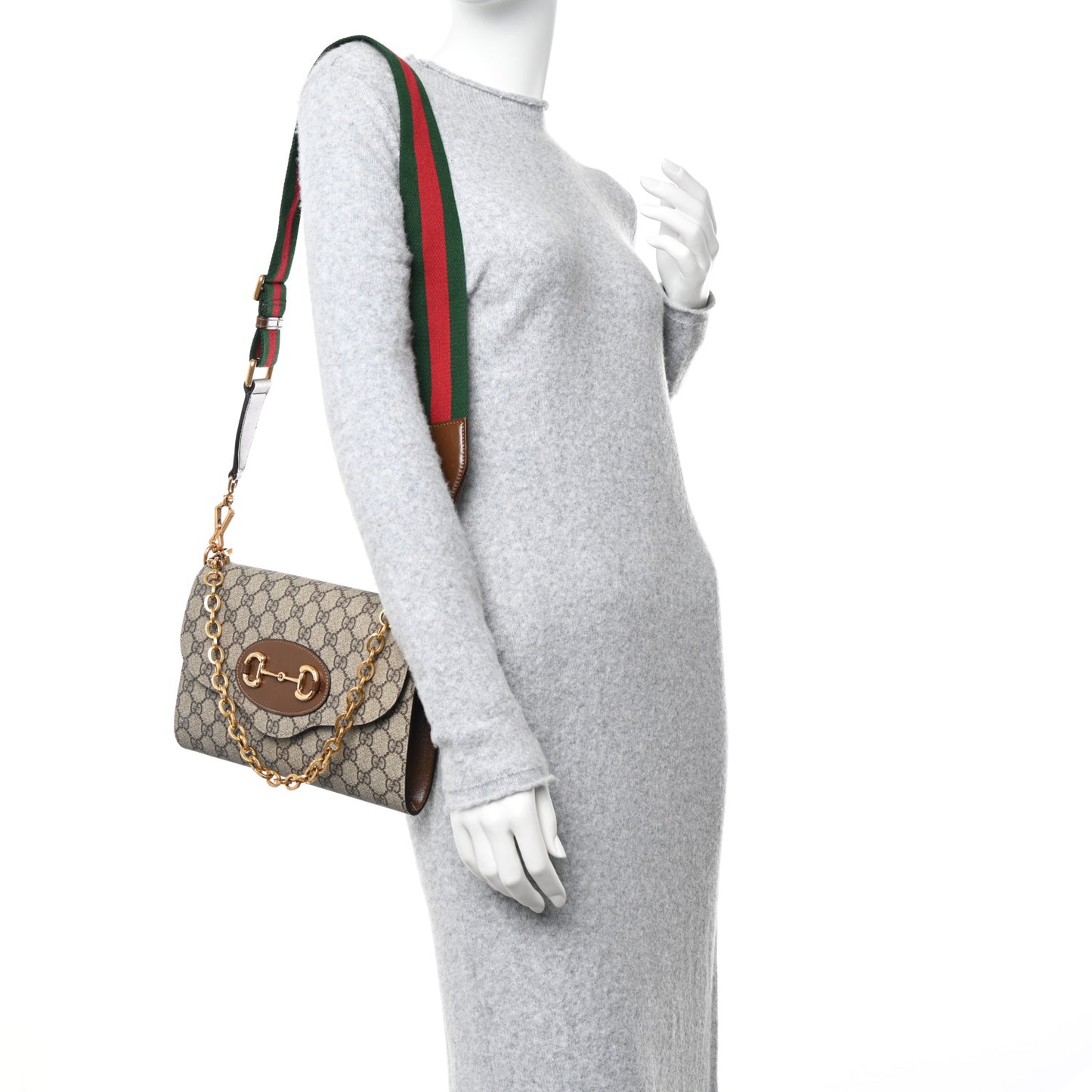 GG Supreme Monogram Azalea Calfskin Web Small Horsebit 1955 Crossbody Bag Beige Ebony Brown Sugar
