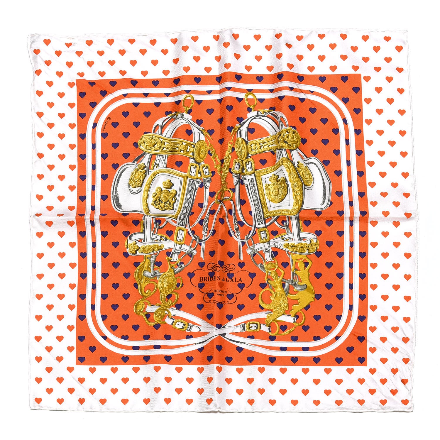 Hermes Silk Brides De Gala Love Scarf 90 Orange Marine White 1 of 4