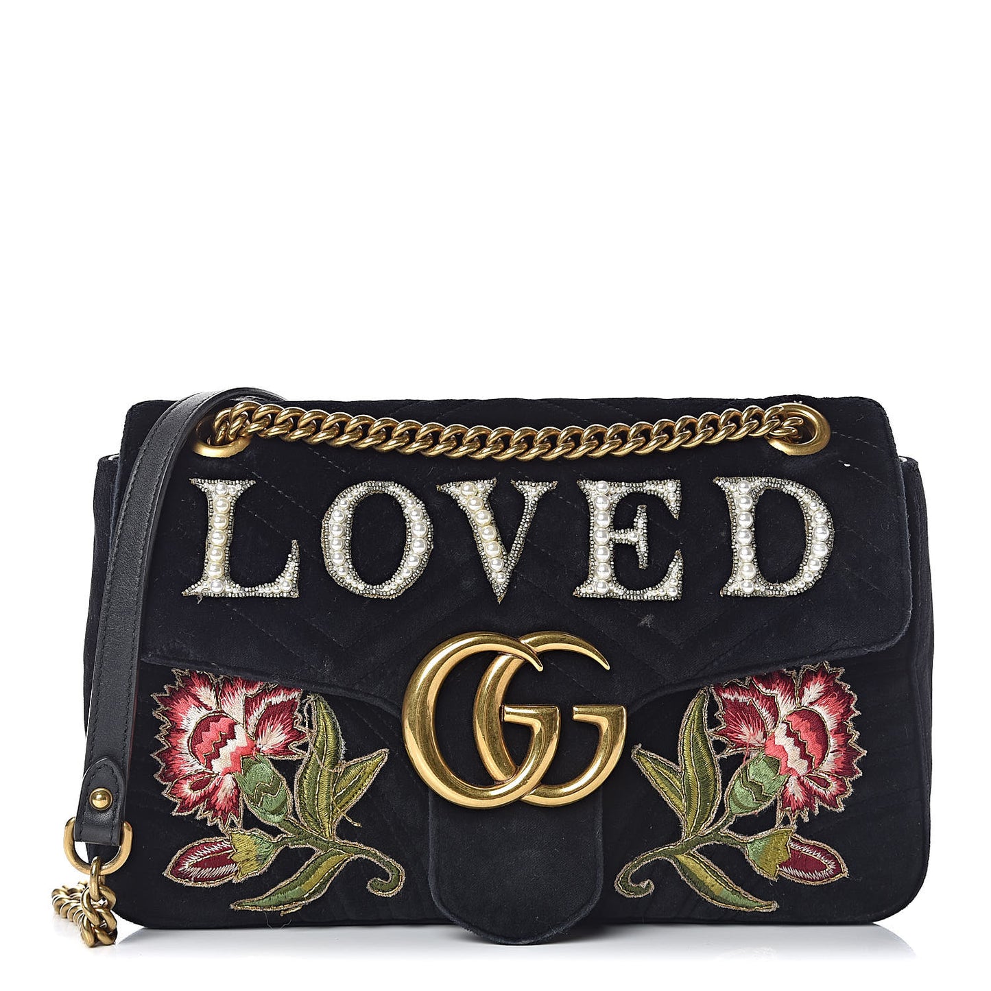 Velvet Matelasse Loved Embroidered Medium GG Marmont Shoulder Bag Black