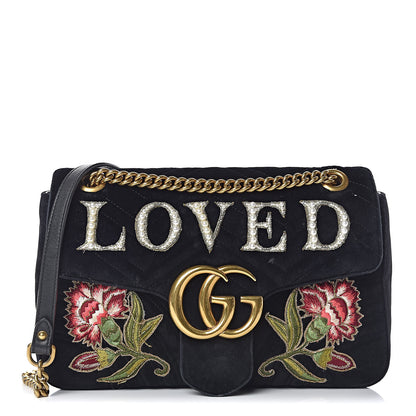 Gucci Velvet Matelasse Loved Embroidered Medium GG Marmont Shoulder Bag Black 1 of 18