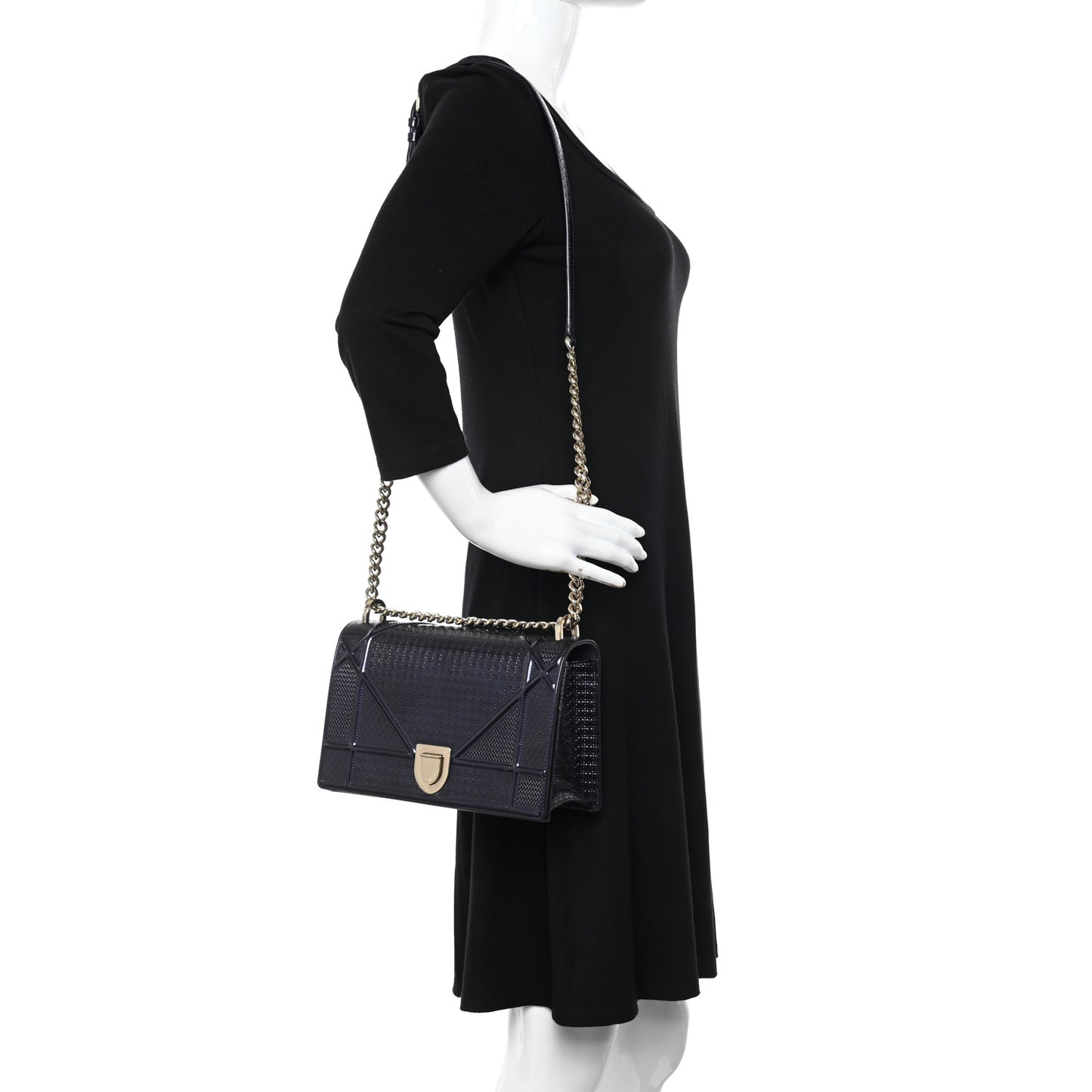 Metallic Patent Micro-Cannage Medium Diorama Flap Bag Navy Blue