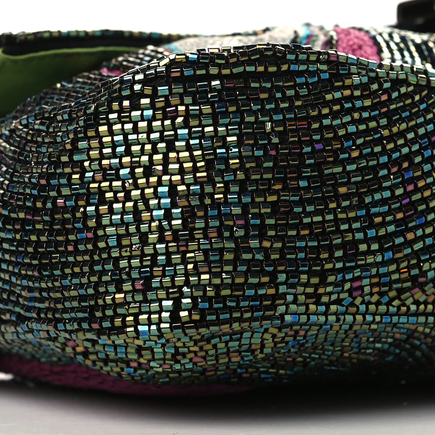 Metallic Calfskin Peacock Beaded Baguette Multicolor