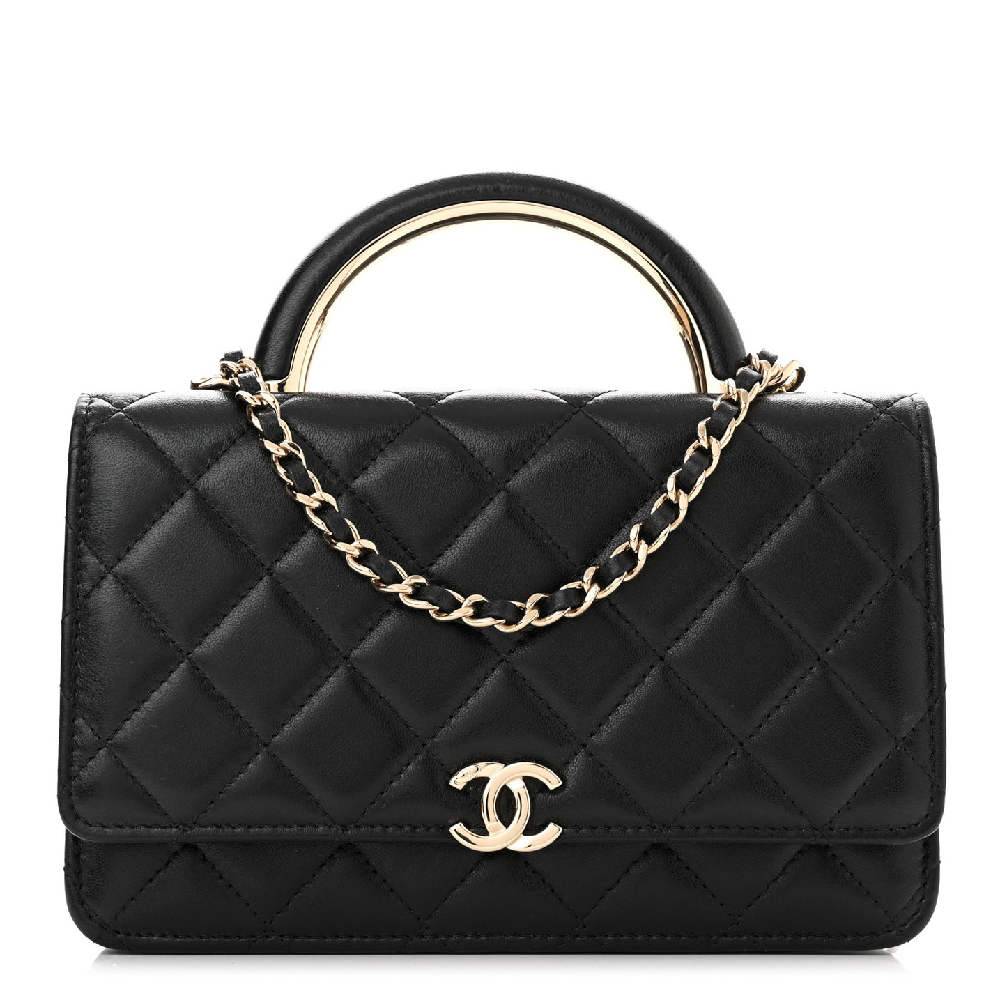 Lambskin Quilted Top Handle Wallet On Chain WOC Black