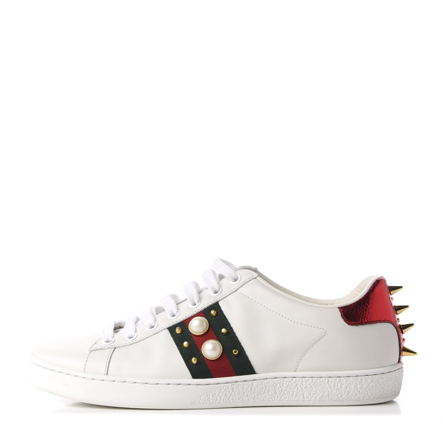Calfskin Web Pearl Studded Womens Ace Sneakers 38 White