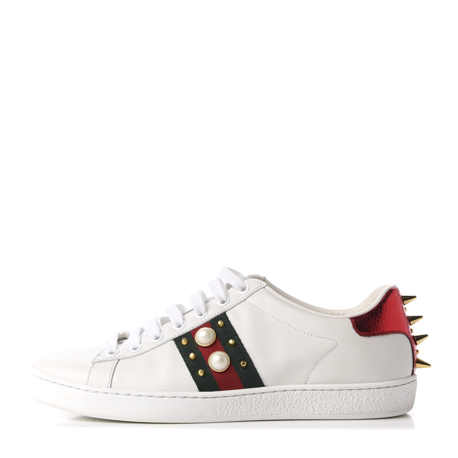 Gucci Calfskin Web Pearl Studded Womens Ace Sneakers 38 White 1 of 14