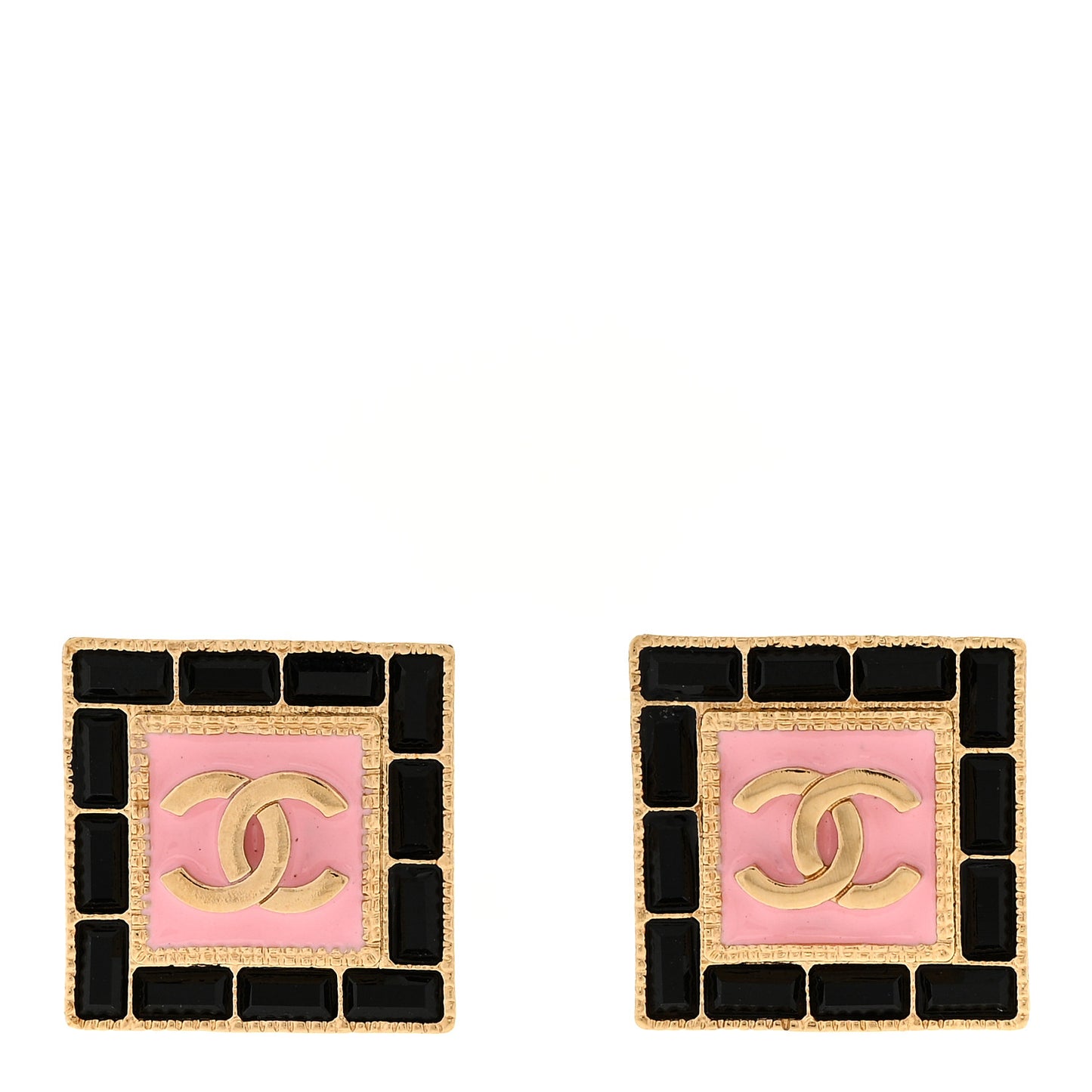 Metal Resin Crystal CC Square Earrings Gold Black Pink