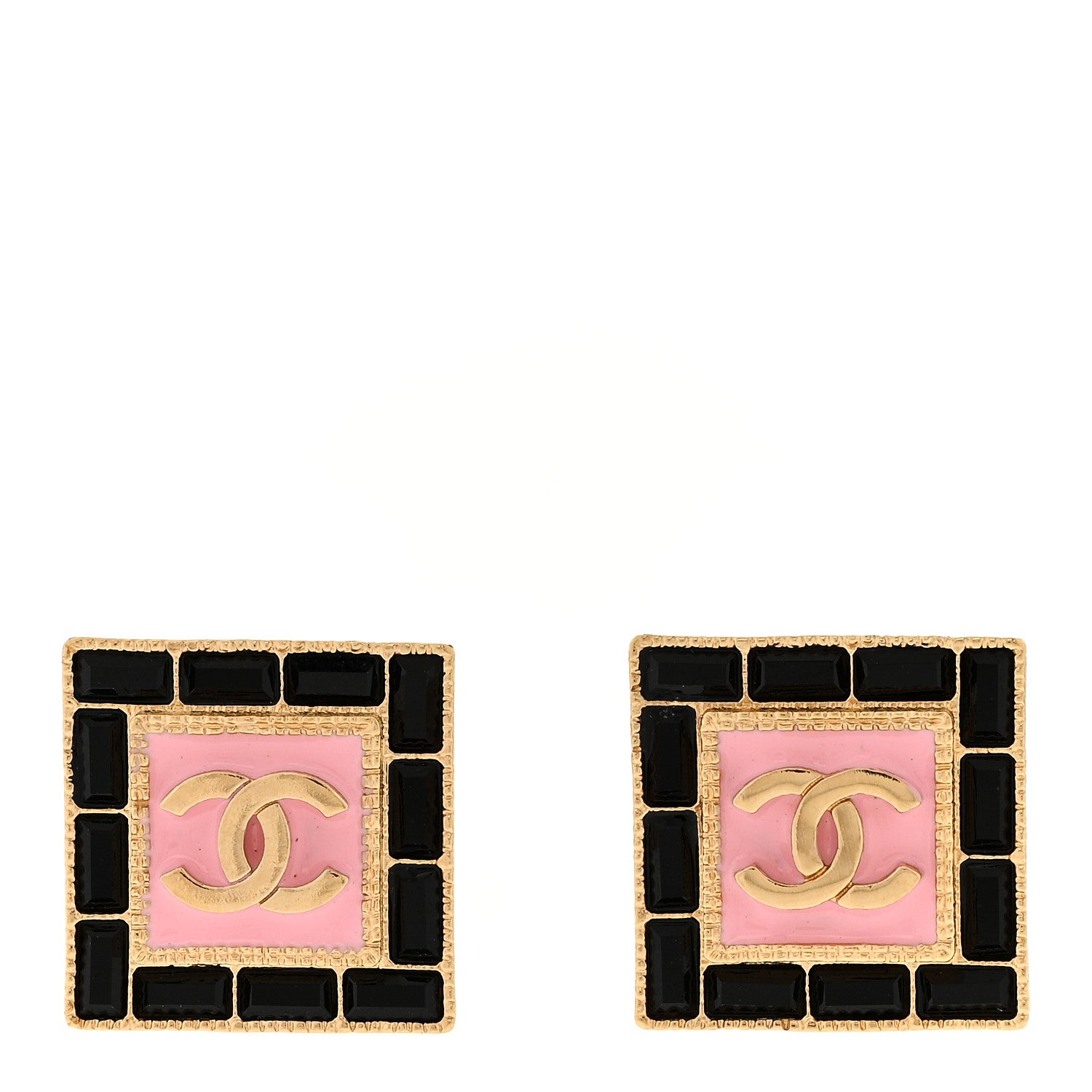 Chanel Metal Resin Crystal CC Square Earrings Gold Black Pink 1 of 5