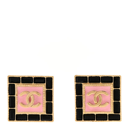 Chanel Metal Resin Crystal CC Square Earrings Gold Black Pink 1 of 5