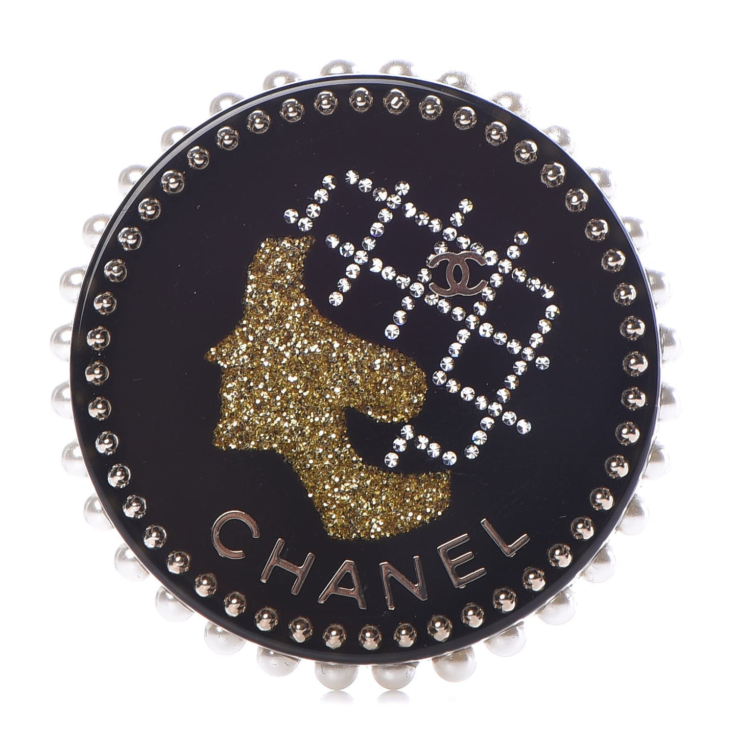 Resin Crystal Pearl CC Pin Brooch Black Gold