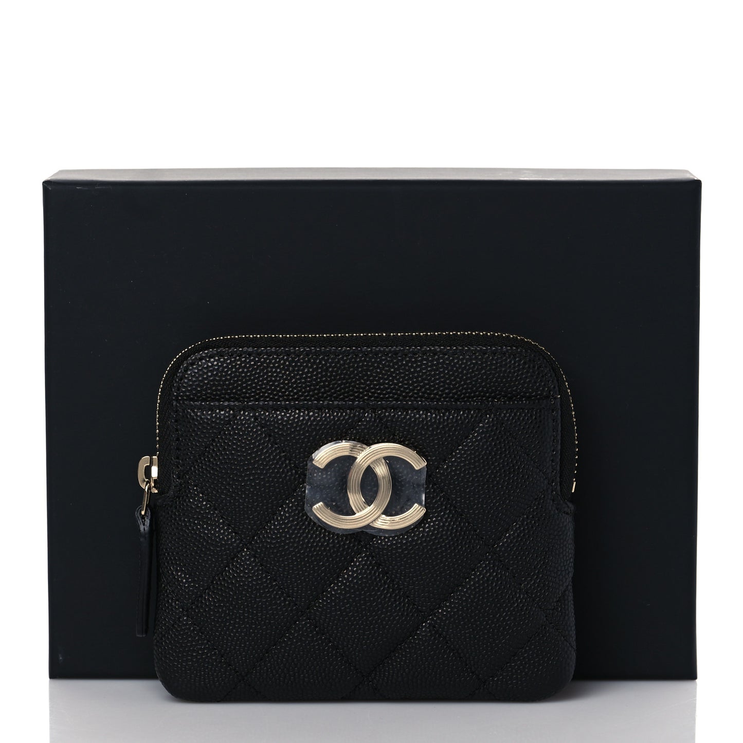Caviar Metal Quilted Striated Zip Card Holder Wallet Black