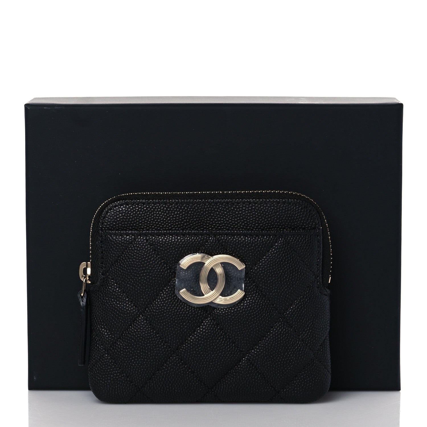 Chanel Caviar Metal Quilted Striated Zip Card Holder Wallet Black 9 of 9