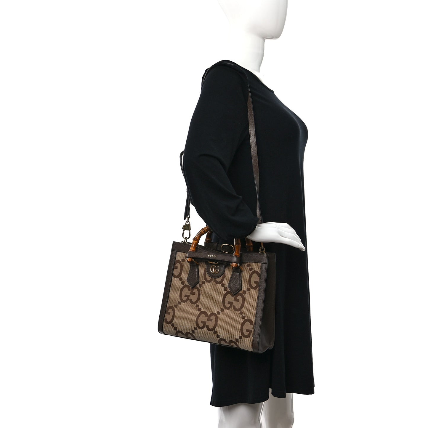 Monogram Jumbo GG Textured Dollar Calfskin Small Diana Tote Bag Camel Ebony New Acero