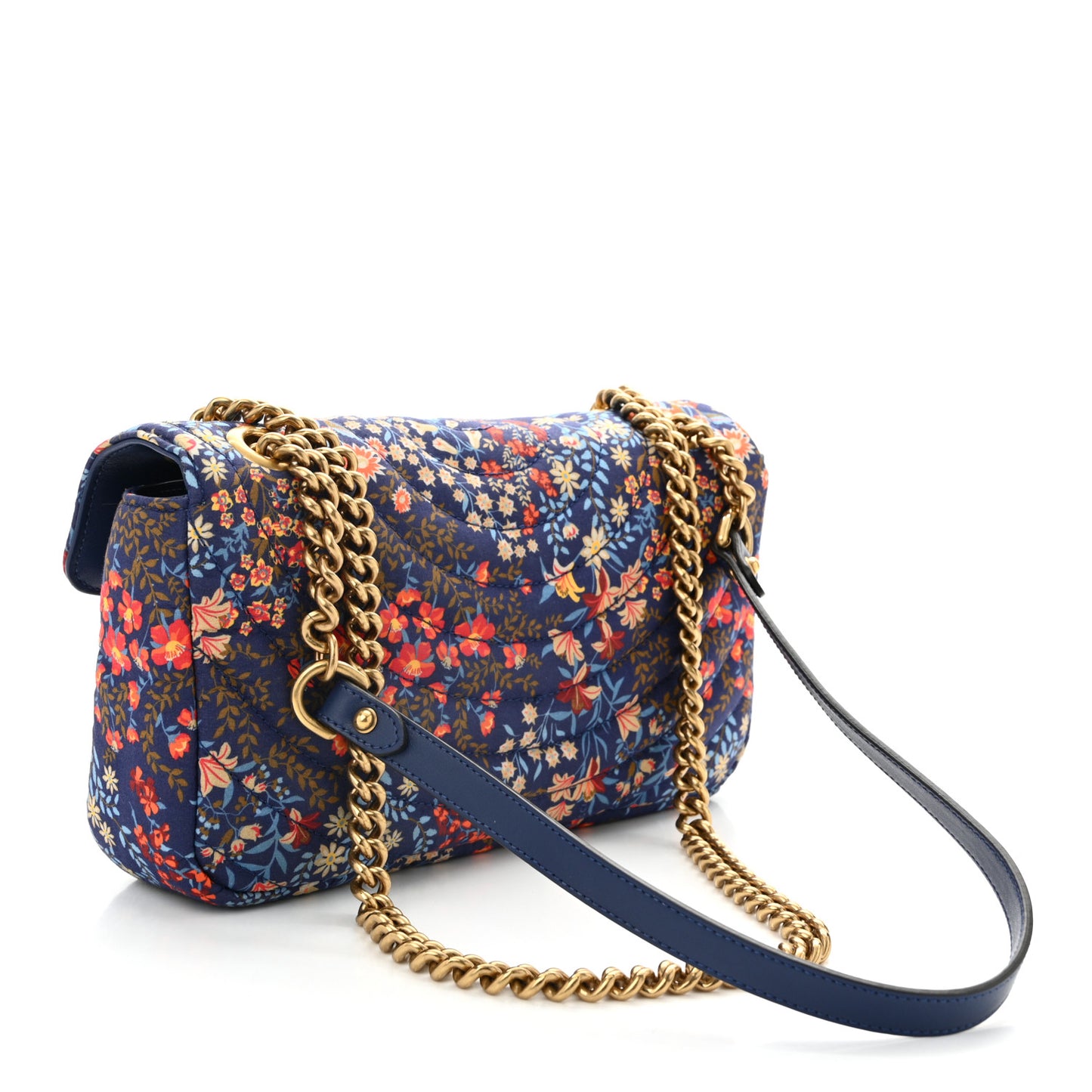 Cotton Calfskin Matelasse Floral Print Small GG Marmont Shoulder Bag Blue Red Deep Ocean Blue