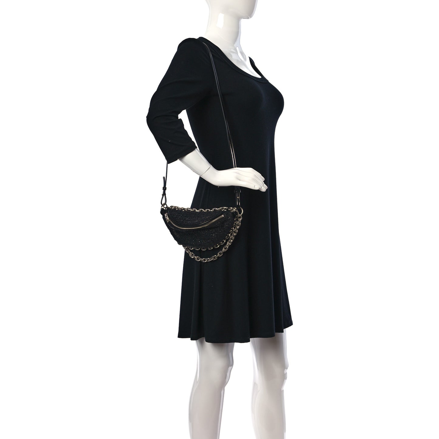 Patent Tweed Chain Embellished Attica Belt Bag Black