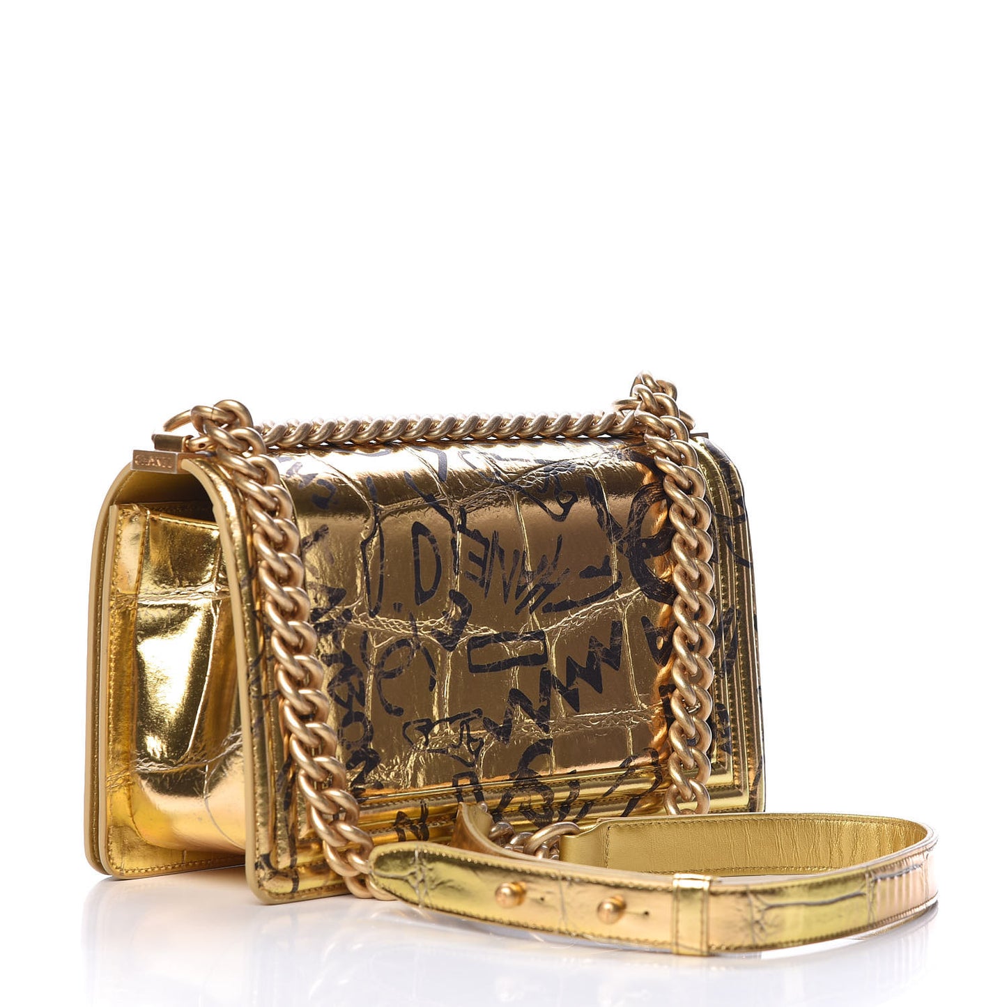 Metallic Calfskin Crocodile Embossed Graffiti Medium Cocodile Boy Flap Gold