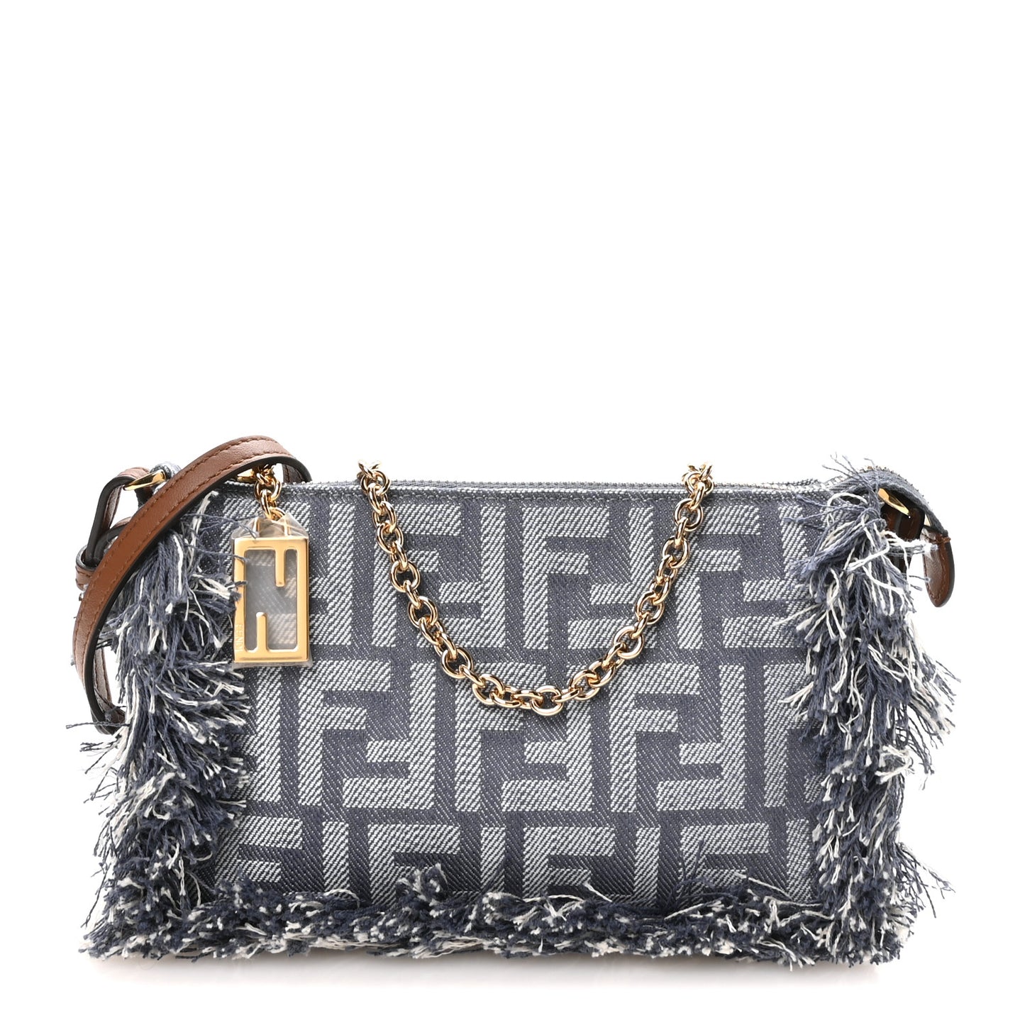 Denim Vitello Fringe FF Embroidered Baguette Pouch Myrtle Dark Nut
