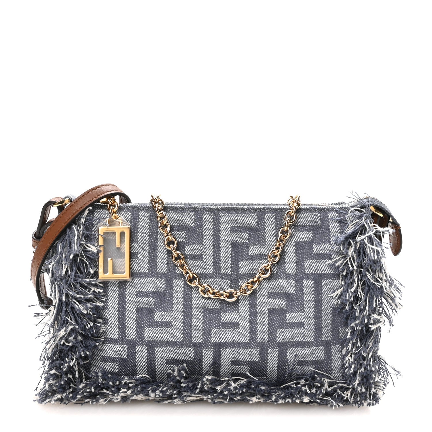 Fendi Denim Vitello Fringe FF Embroidered Baguette Pouch Myrtle Dark Nut 1 of 11