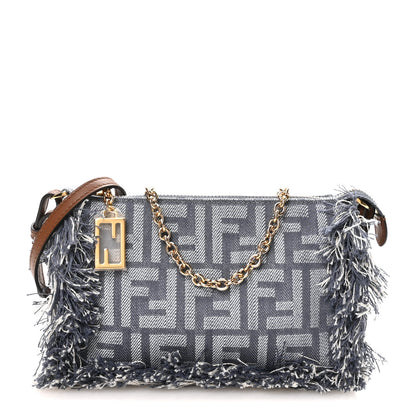 Fendi Denim Vitello Fringe FF Embroidered Baguette Pouch Myrtle Dark Nut 1 of 11