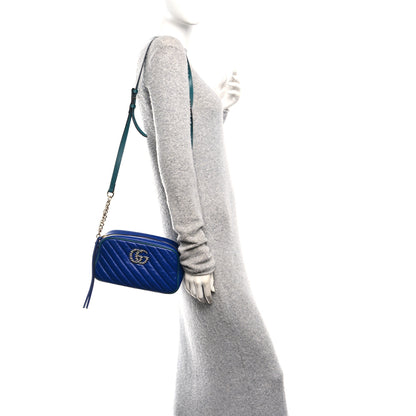 Gucci Azalea Calfskin Enamel Matelasse Diagonal Small Torchon GG Marmont Chain Shoulder Bag Imperial Blue Pavone 2 of 10