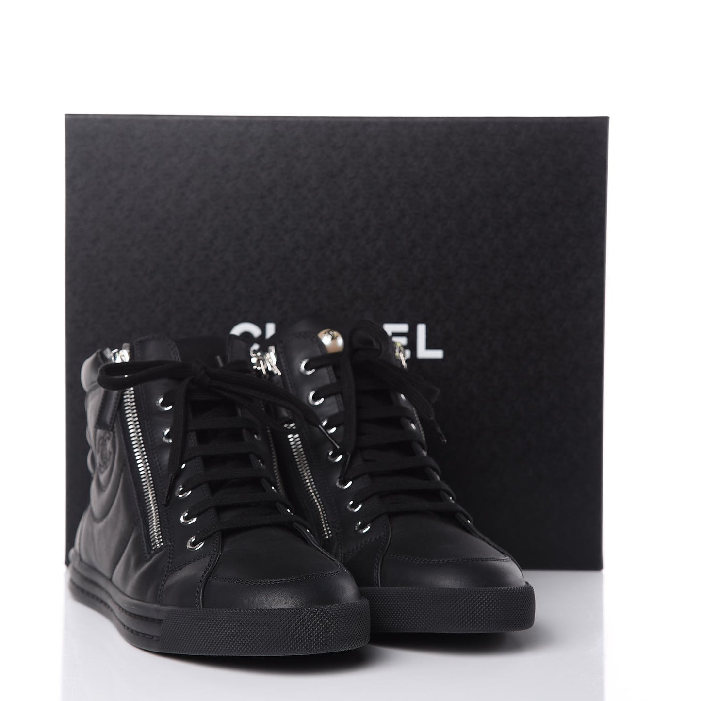 Calfskin Pearl High Top CC Sneakers 39 Black