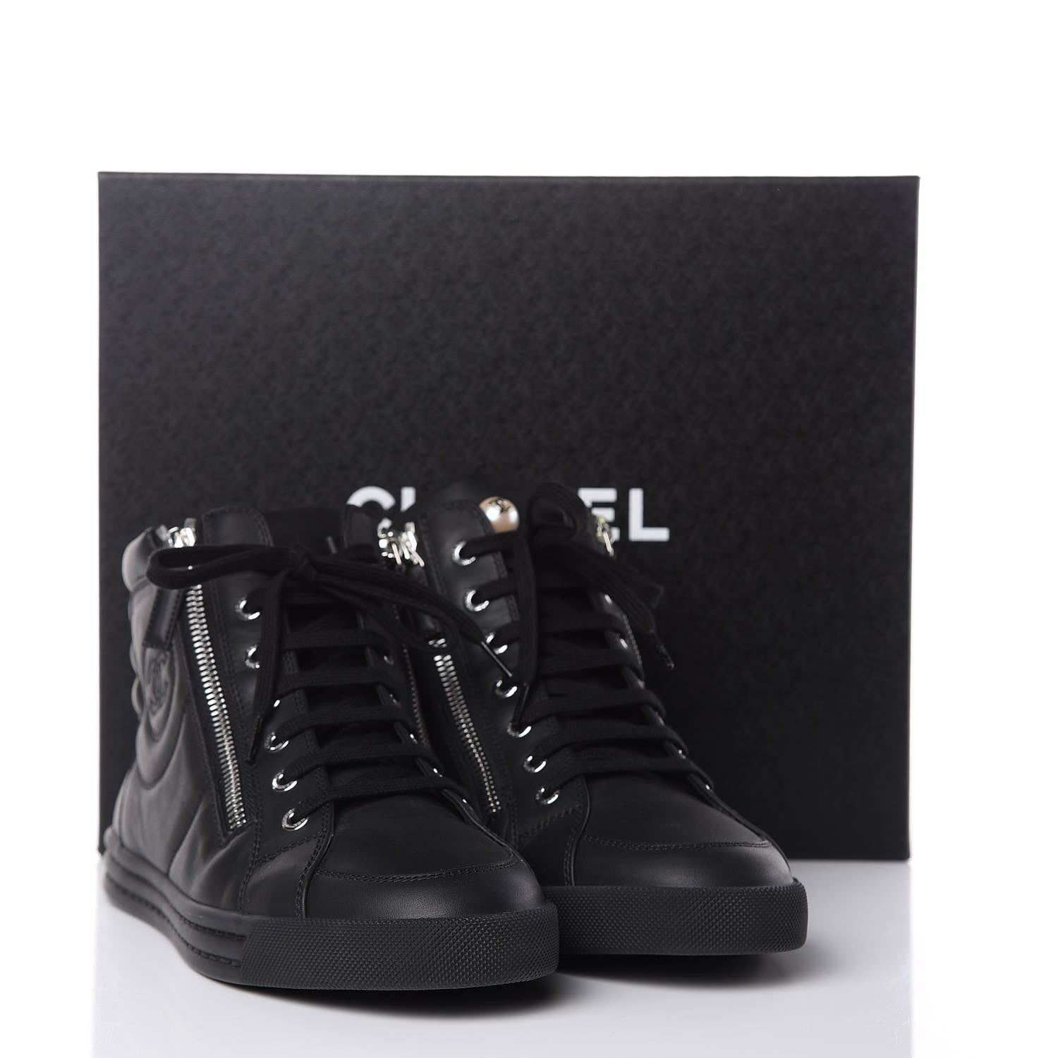 Chanel Calfskin Pearl High Top CC Sneakers 39 Black 8 of 8