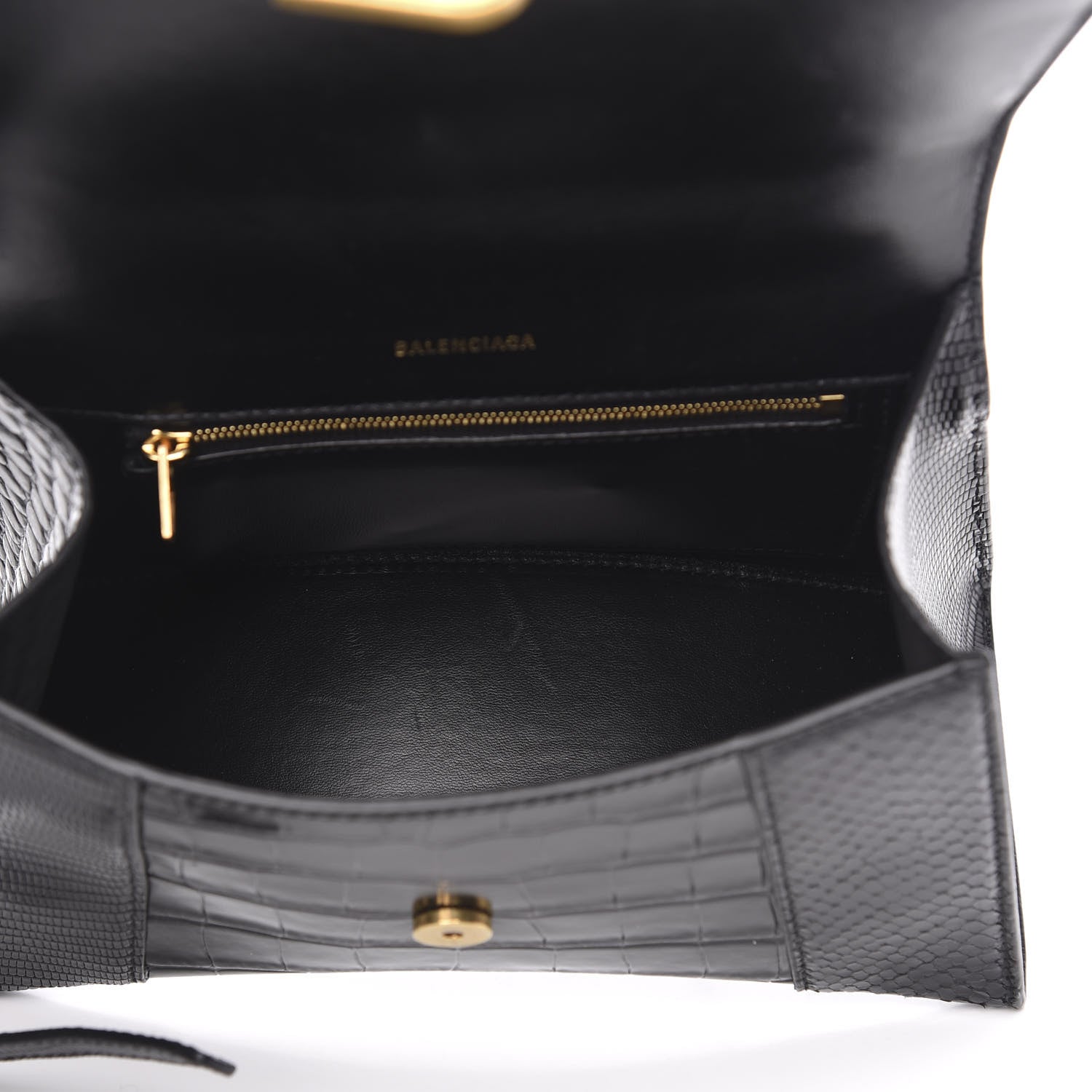 Balenciaga Calfskin Crocodile Lizard Embossed Small Patchwork Hourglass Top Handle Bag Black 5 of 10