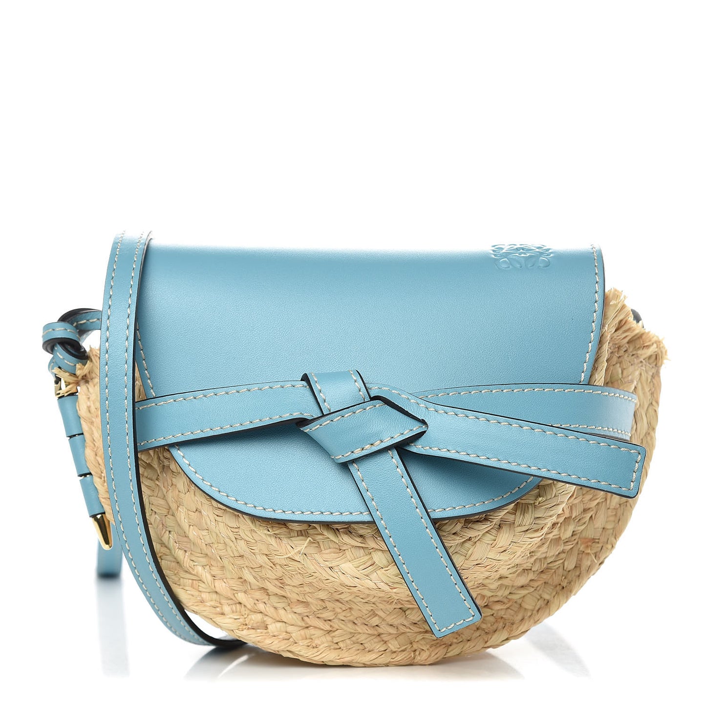 Calfskin Raffia Mini Gate Crossbody Bag Light Blue Natural