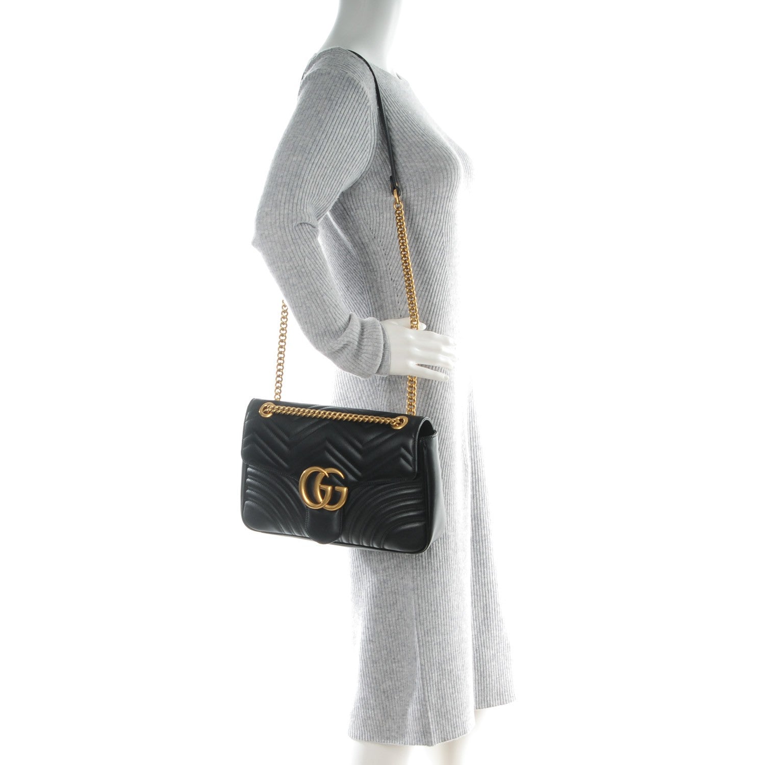 Gucci Calfskin Matelasse Medium GG Marmont Shoulder Bag Black 2 of 7